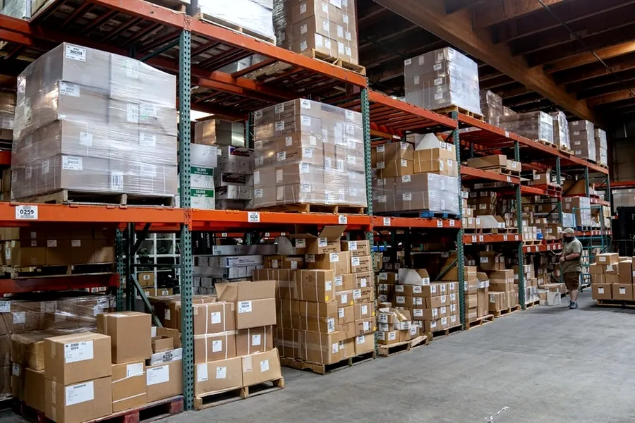 Racked pallets in a distribution warehouse